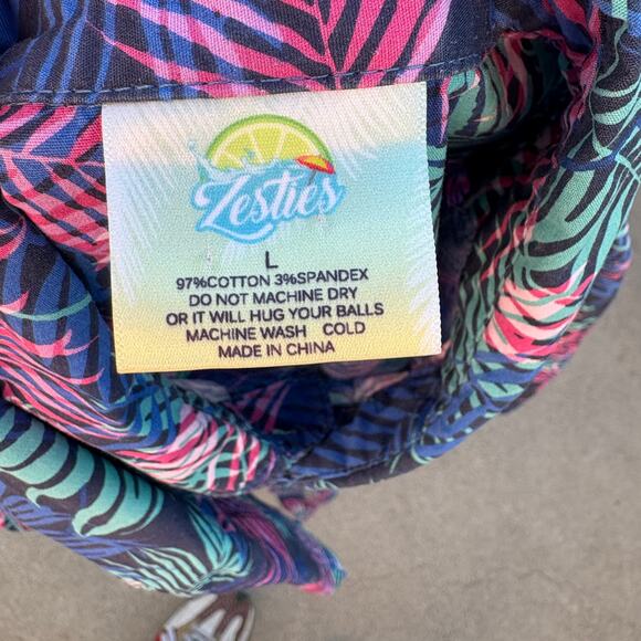 Zesties Romper Mens L Tropical Leaf Print Short Sleeve Blue Pink Green Summer - Picture 6 of 9